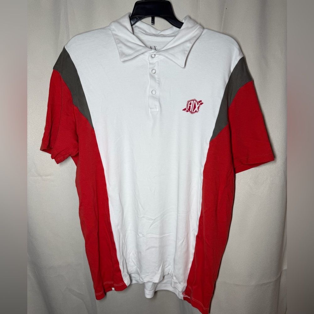 Armani Exchange White Red Gray Colorblock Snap Polo‎ Shirt Men’s Large